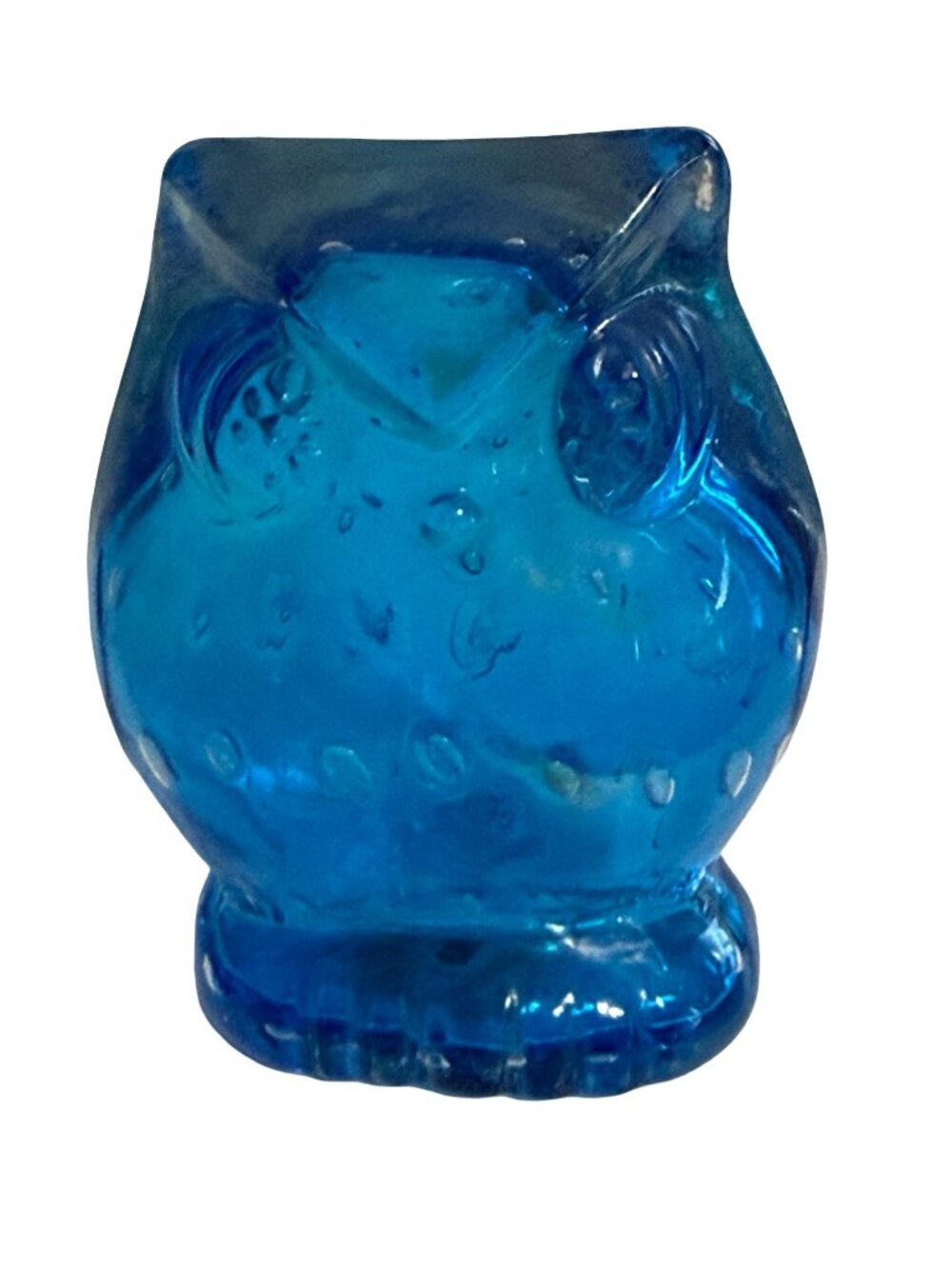 Vintage Blue Art Glass Owl Paperweight Controlled Bubble Figurine 3.5"